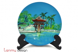 Blue round lacquer dish hand-painted with One Pillar pagoda included with stand 25 cm